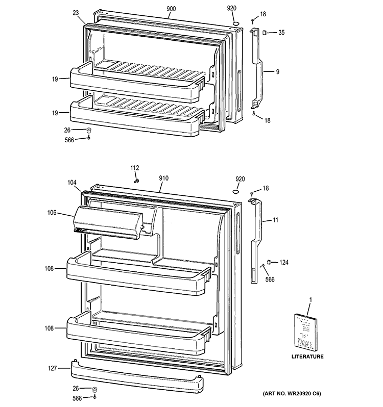 DOORS Diagram and Parts List for GTH18CBD4RBB  General Electric Refrigerator