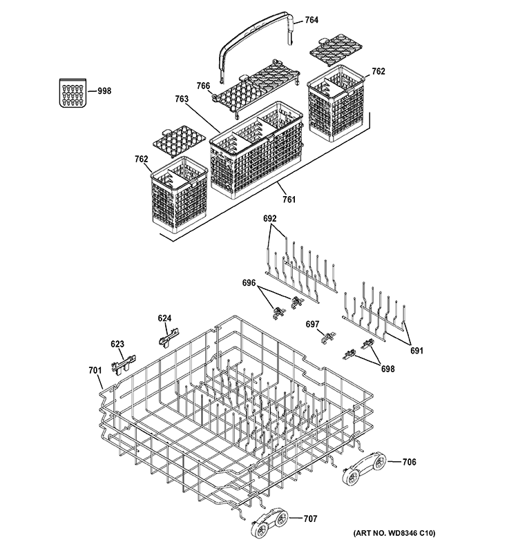 LOWER RACK ASSEMBLY Diagram and Parts List for PDWT302V00II  General Electric Dishwasher