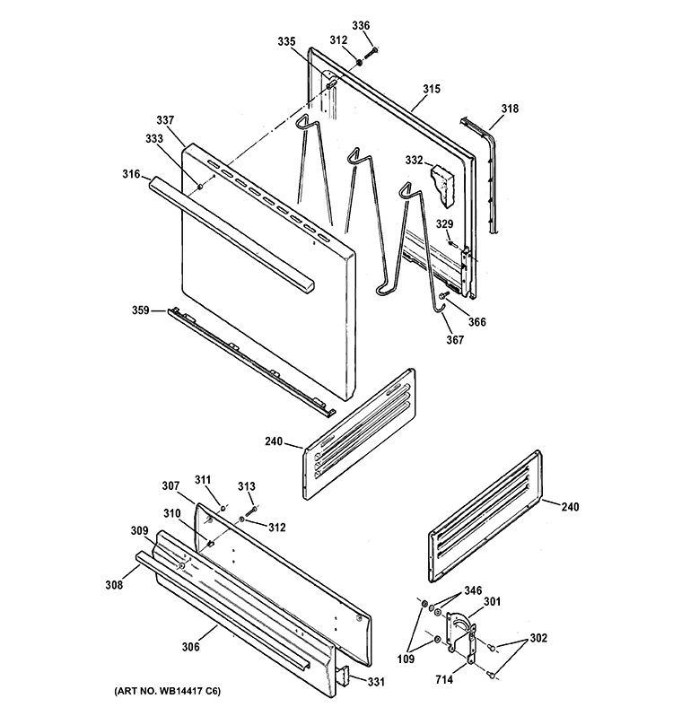 DOOR & DRAWER PARTS Diagram and Parts List for JGBS14PCD1WW  General Electric Range