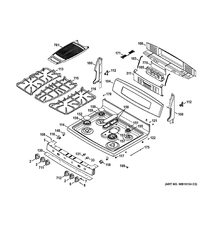 CONTROL PANEL & COOKTOP Diagram and Parts List for PGB995SET1SS  General Electric Range
