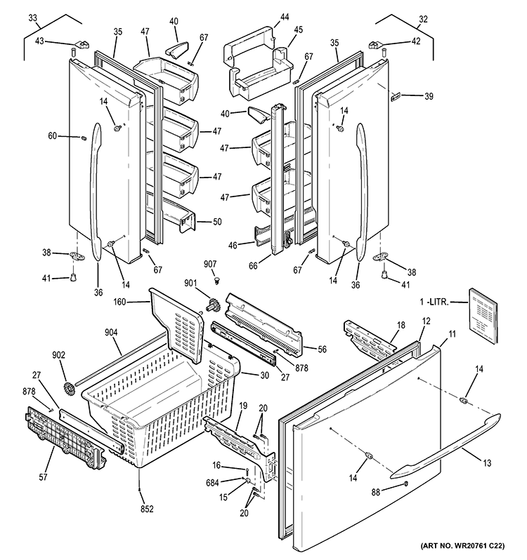 DOORS Diagram and Parts List for PFCS1NFCASS  General Electric Refrigerator