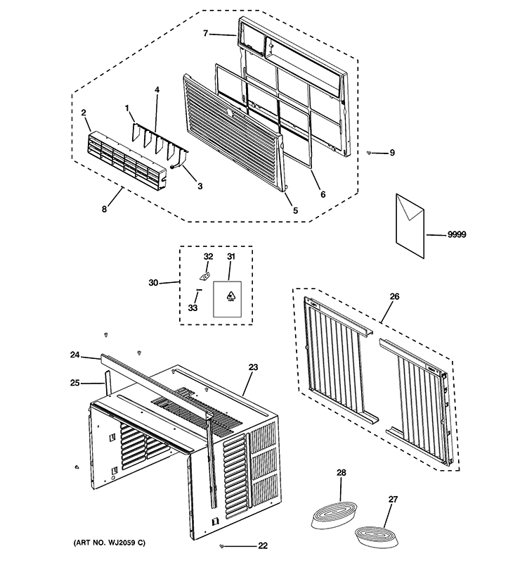 GRILLE & CHASSIS PARTS Diagram and Parts List for AEM08LQQ1  General Electric Air Conditioner