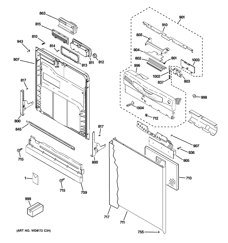 ESCUTCHEON & DOOR ASSEMBLY Diagram and Parts List for GLD2800V00WW  General Electric Dishwasher