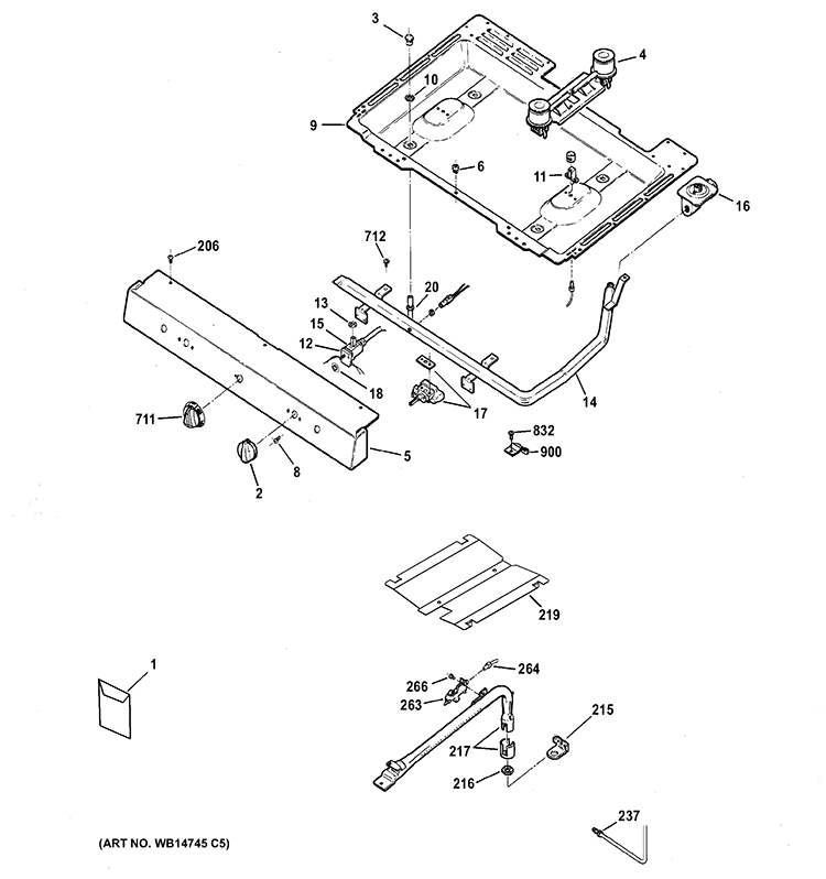GAS & BURNER PARTS Diagram and Parts List for RGB518PCD1CT  Hotpoint Range