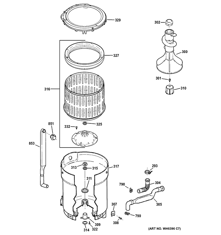 TUB, BASKET & AGITATOR Diagram and Parts List for HTWP1200D0WW  Hotpoint Washer