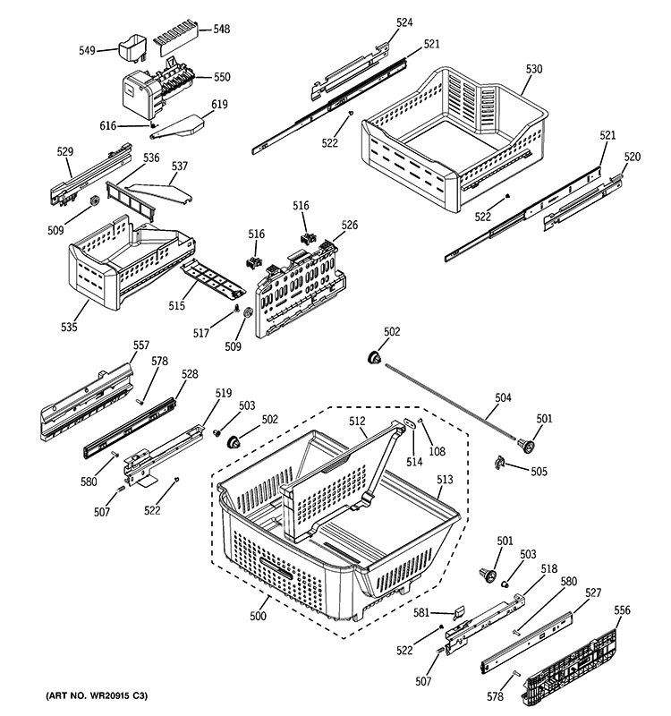 FREEZER SHELVES Diagram and Parts List for GFE29HGDAWW  General Electric Refrigerator