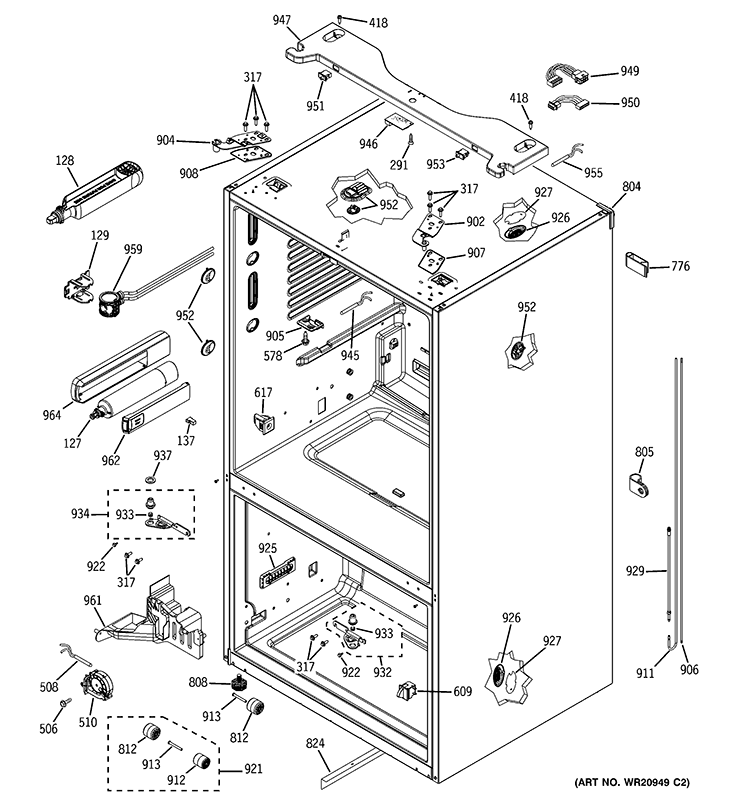 CASE PARTS Diagram and Parts List for GFE29HGDAWW  General Electric Refrigerator