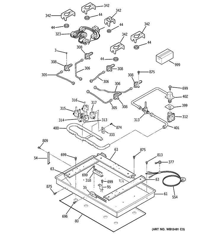 GAS & BURNER PARTS Diagram and Parts List for JGP970BEK3BB  General Electric Cooktop