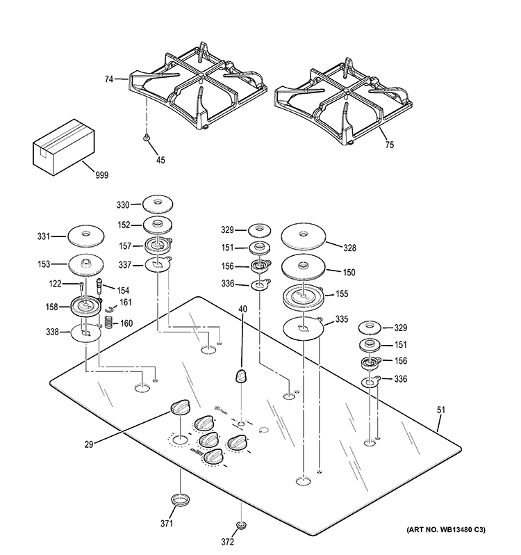 CONTROL PANEL & COOKTOP Diagram and Parts List for JGP970TEK3WW  General Electric Cooktop