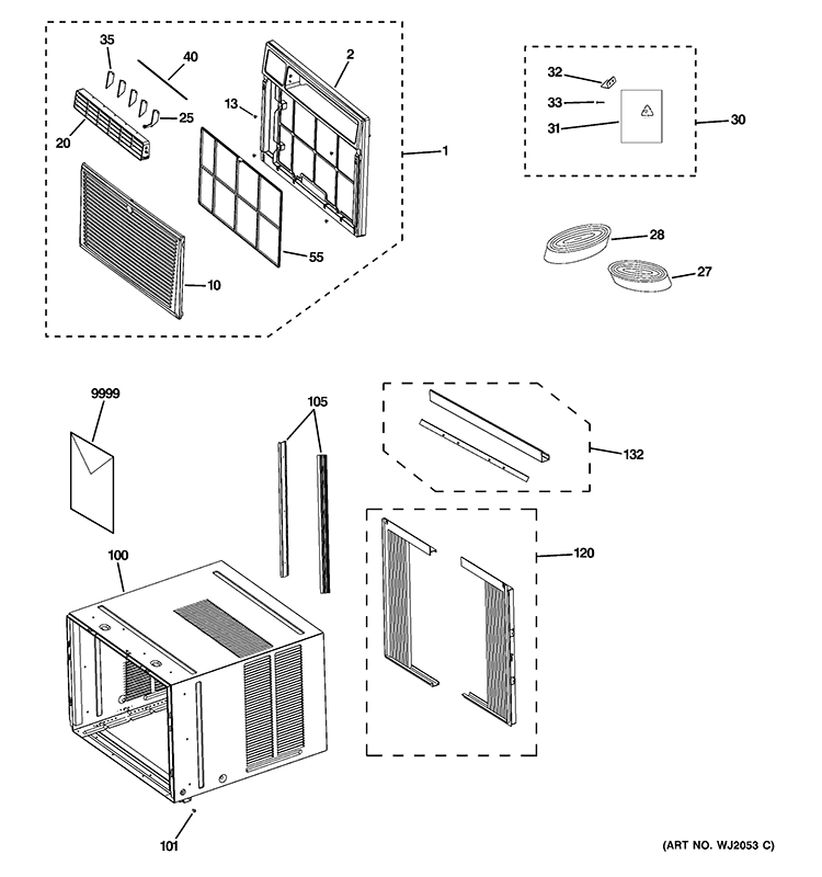 GRILLE & CHASSIS PARTS Diagram and Parts List for AEM05LQQ1  General Electric Air Conditioner