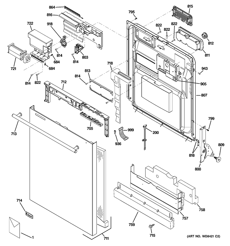 ESCUTCHEON & DOOR ASSEMBLY Diagram and Parts List for ZBD7920D00SS  General Electric Dishwasher
