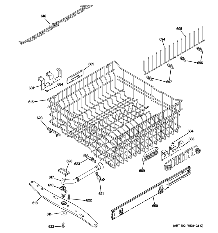 UPPER RACK ASSEMBLY Diagram and Parts List for ZBD8900D00II  General Electric Dishwasher