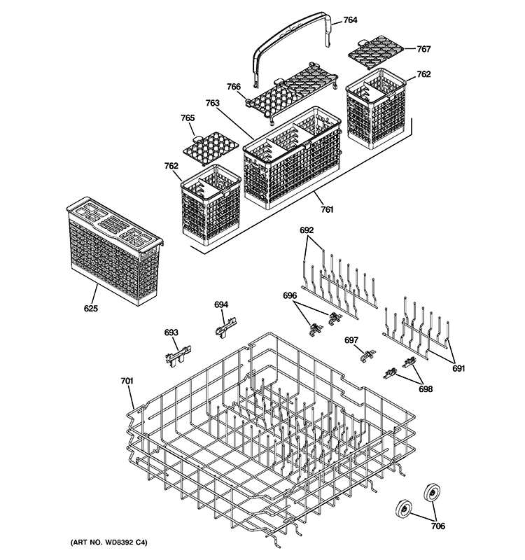 LOWER RACK ASSEMBLY Diagram and Parts List for ZBD8900D00II  General Electric Dishwasher