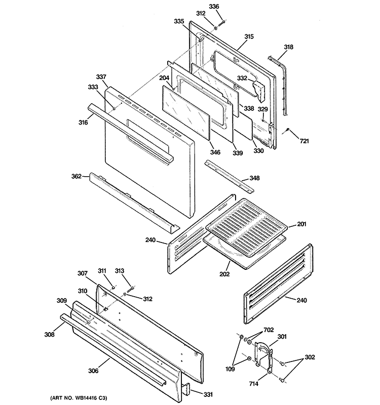 DOOR & DRAWER PARTS Diagram and Parts List for AGBS300EP4WW  General Electric Range