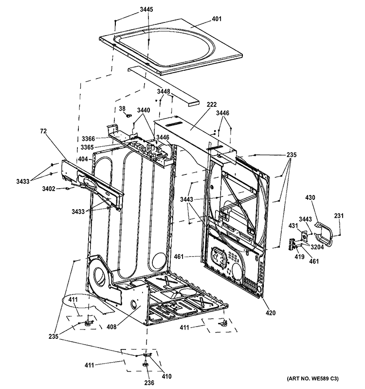 CABINET & TOP PANEL Diagram and Parts List for GFDN245EL1BB  General Electric Dryer