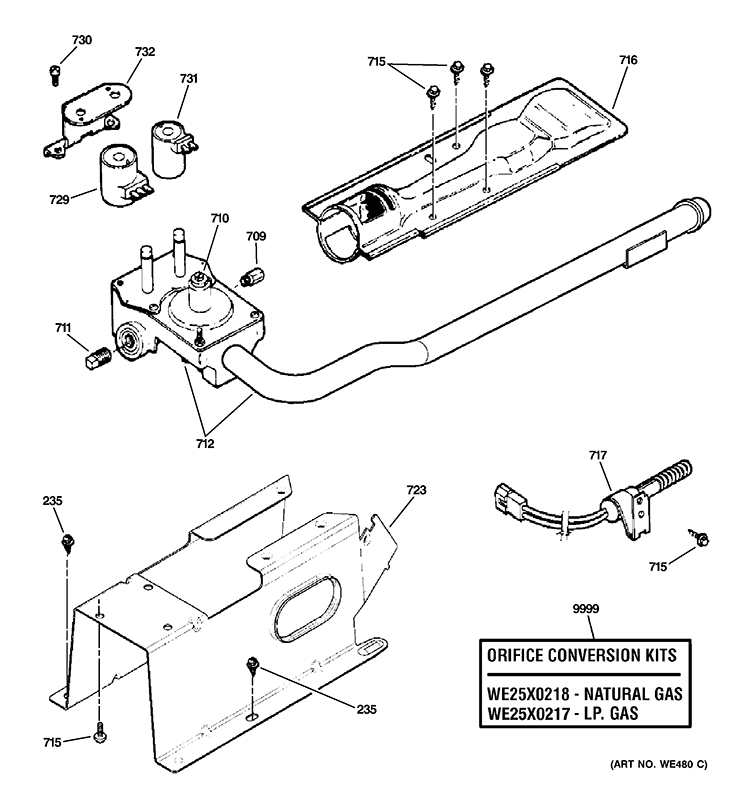 GAS VALVE & BURNER ASSEMBLY Diagram and Parts List for GFDN245GL1MG  General Electric Dryer
