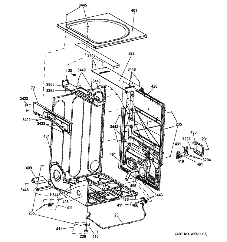 CABINET & TOP PANEL Diagram and Parts List for GFDS355EL1MS  General Electric Dryer