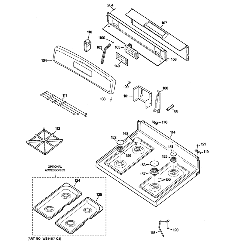 CONTROL PANEL & COOKTOP Diagram and Parts List for JGBS23DET2CC  General Electric Range