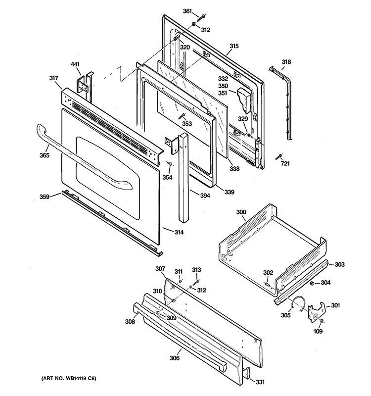DOOR & DRAWER PARTS Diagram and Parts List for JGBS23DET2CC  General Electric Range