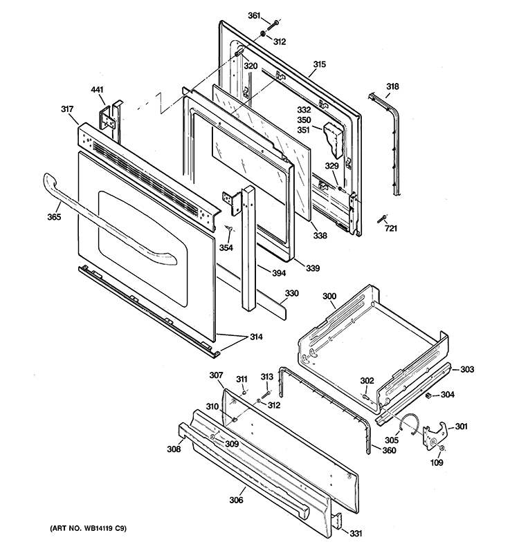 DOOR & DRAWER PARTS Diagram and Parts List for JGBS23SET2SS  General Electric Range