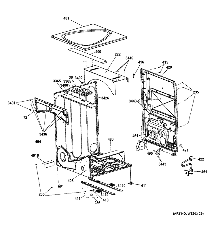 CABINET & TOP PANEL Diagram and Parts List for PFDN440GL2WW  General Electric Dryer