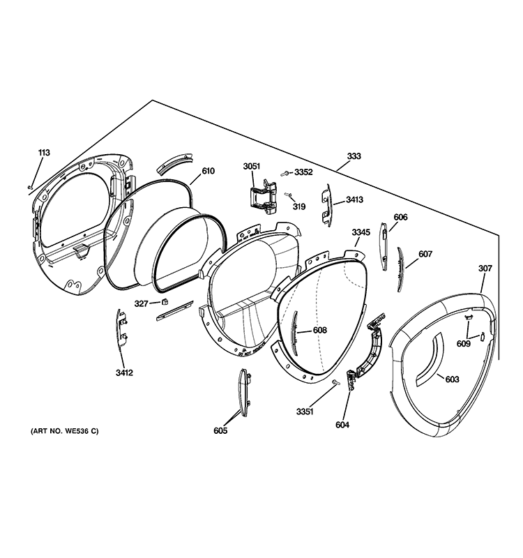 DOOR Diagram and Parts List for PFDN445EL2MG  General Electric Dryer