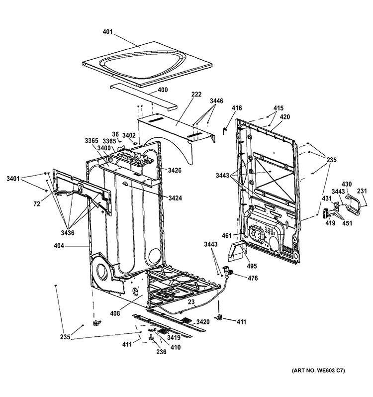 CABINET & TOP PANEL Diagram and Parts List for PFDN445EL2MG  General Electric Dryer