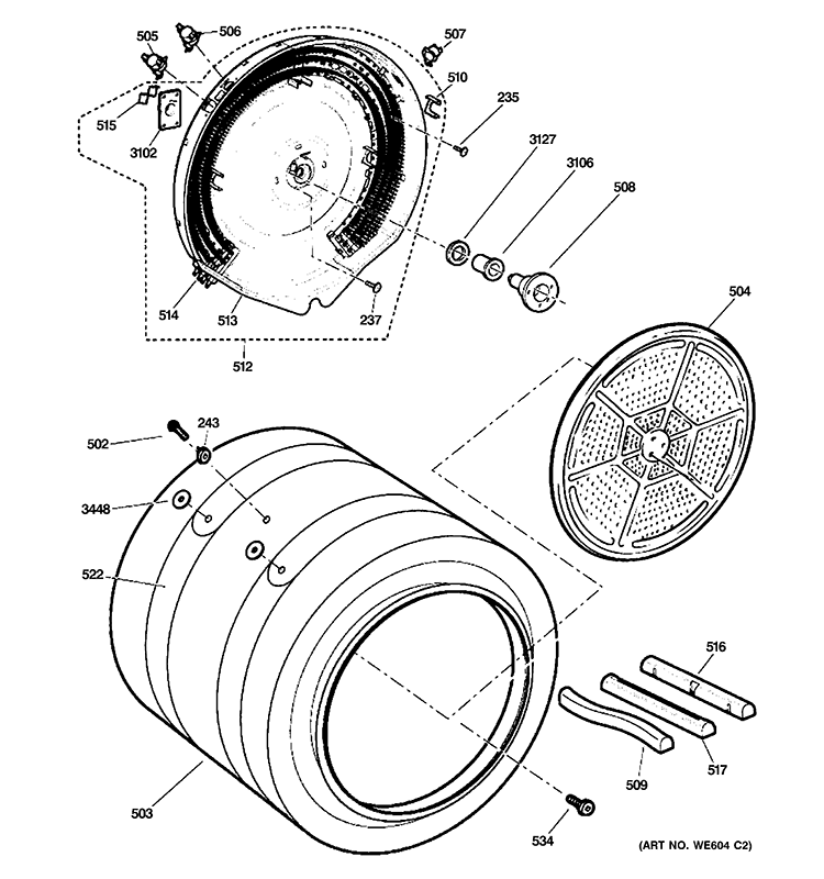 DRUM Diagram and Parts List for PFDN445EL2MG  General Electric Dryer