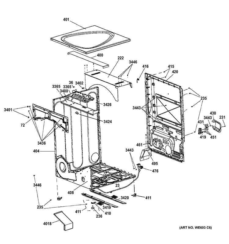 CABINET & TOP PANEL Diagram and Parts List for PFDS451EL2WW  General Electric Dryer