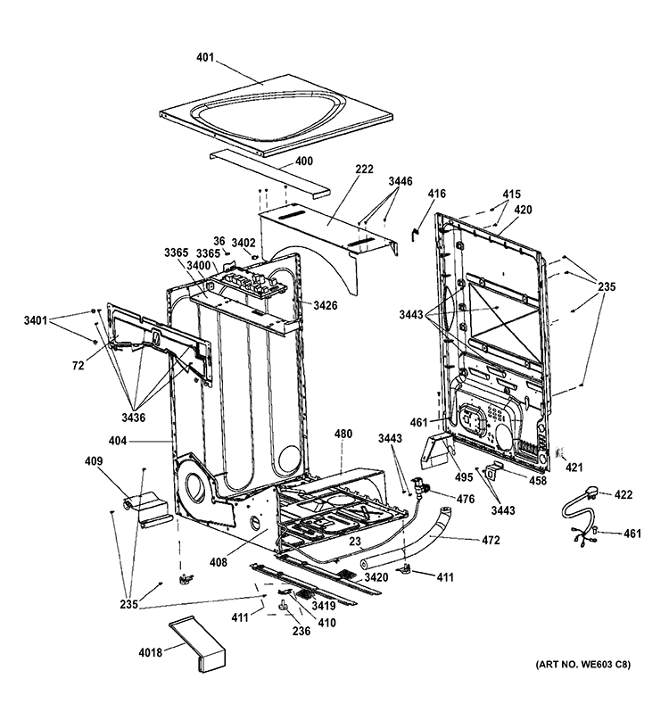 CABINET & TOP PANEL Diagram and Parts List for PFDS451GL2WW  General Electric Dryer