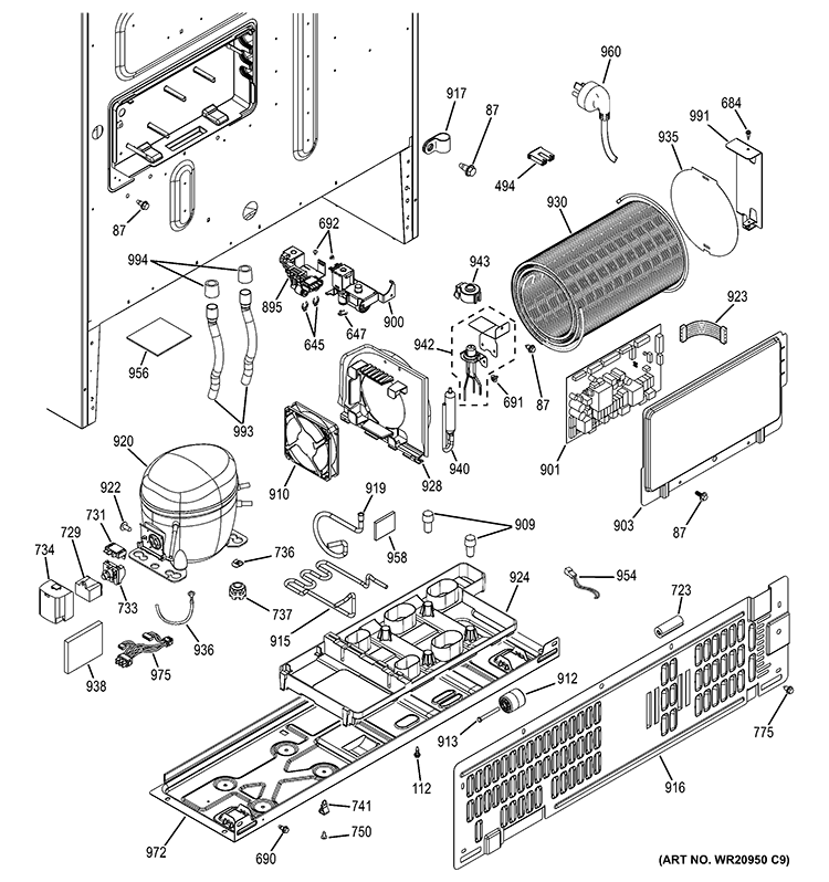 MACHINE COMPARTMENT Diagram and Parts List for GNE26GGDABB  General Electric Refrigerator