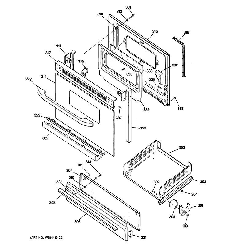 DOOR & DRAWER PARTS Diagram and Parts List for RGB530DET3BB  Hotpoint Range
