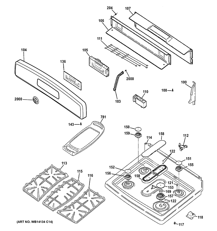 CONTROL PANEL & COOKTOP Diagram and Parts List for JGB840SET3SS  General Electric Range
