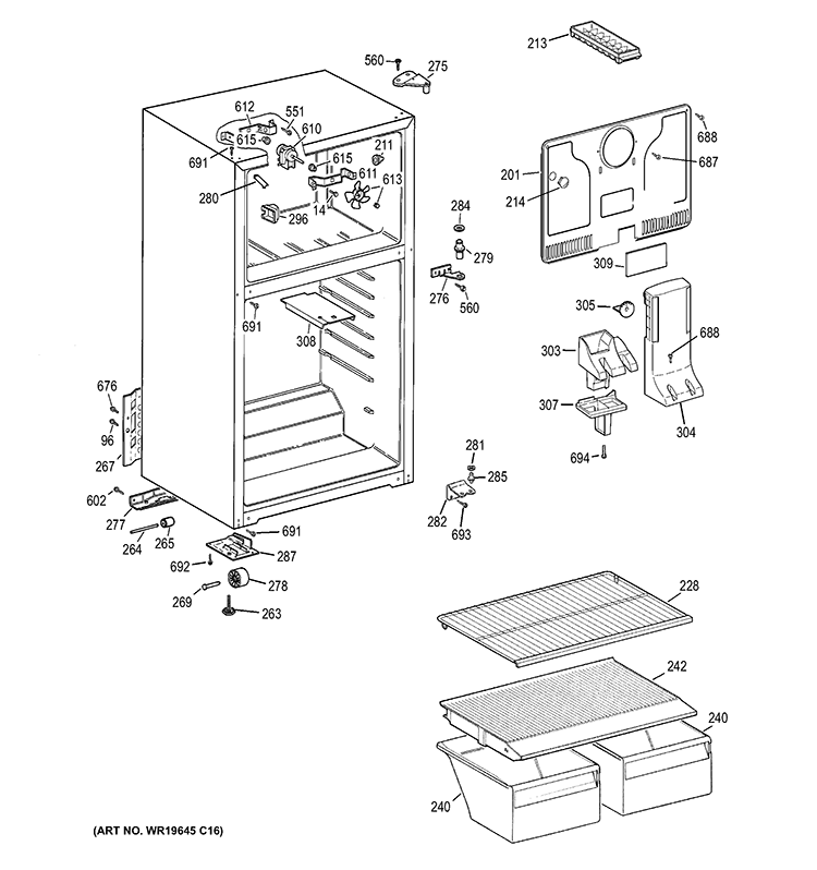 CABINET Diagram and Parts List for GTT16BBSJRWW  General Electric Refrigerator