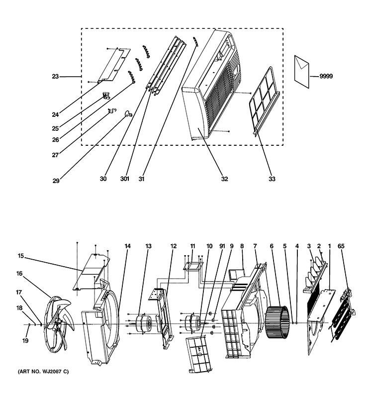 GRILLE & CHASSIS PARTS Diagram and Parts List for AJEM12DCEW1  General Electric Air Conditioner