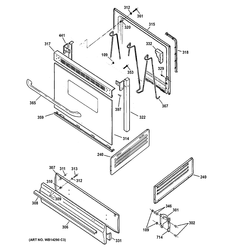 DOOR & DRAWER PARTS Diagram and Parts List for JGBS04BET3WH  General Electric Range