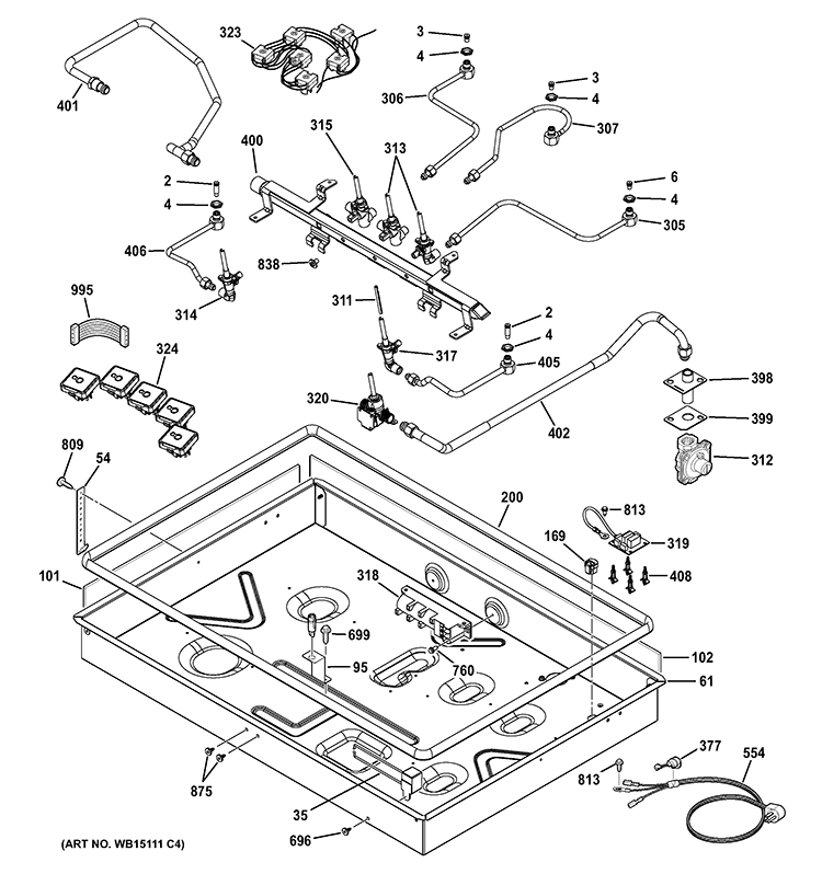 GAS & BURNER PARTS Diagram and Parts List for PGP953SET1SS  General Electric Cooktop