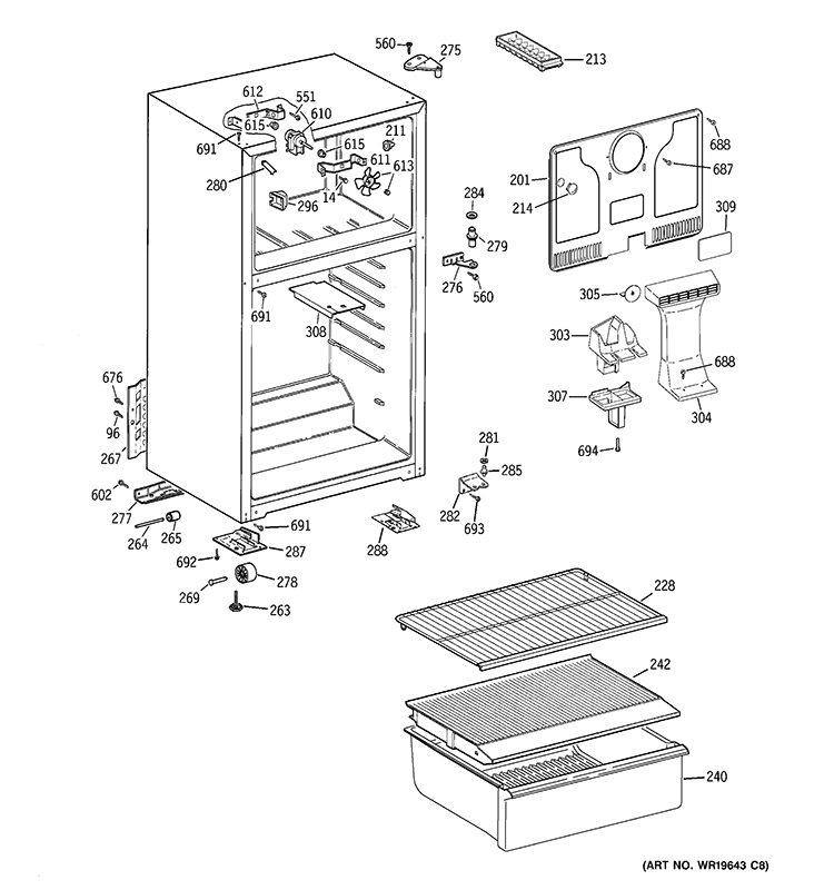 CABINET Diagram and Parts List for HTR16ABSJLCC  General Electric Refrigerator