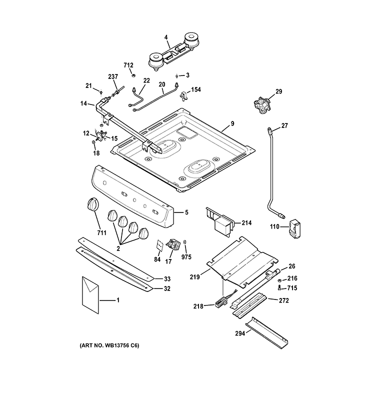 CONTROL PANEL, GAS & BURNER PARTS Diagram and Parts List for RGA720EK6WH  Hotpoint Range