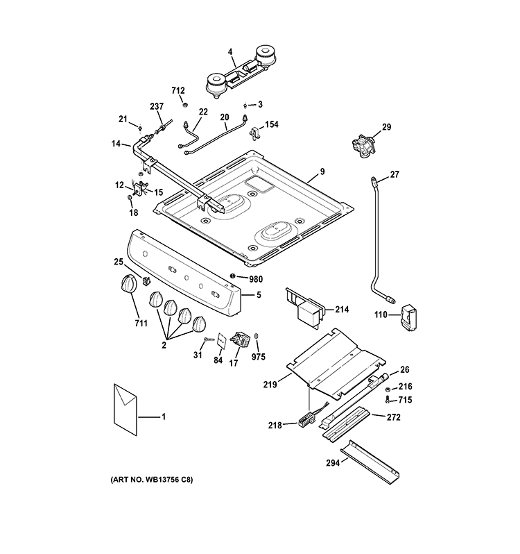 CONTROL PANEL, GAS & BURNER PARTS Diagram and Parts List for RGA820DED1WW  Hotpoint Range