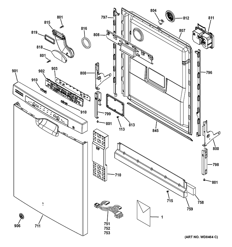 ESCUTCHEON & DOOR ASSEMBLY Diagram and Parts List for GDF570SGD0BB  General Electric Dishwasher