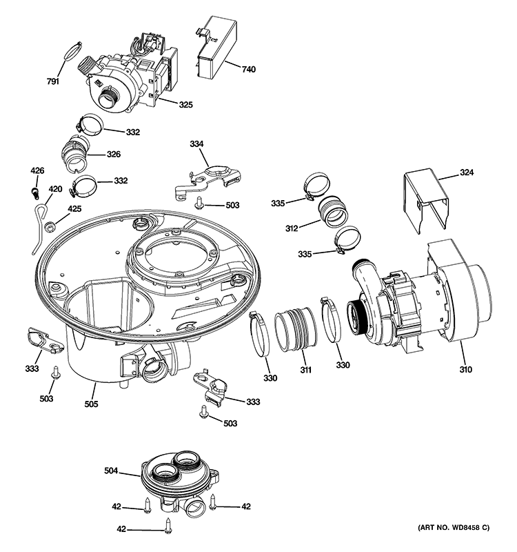 SUMP & MOTOR MECHANISM Diagram and Parts List for GDF570SGD0BB  General Electric Dishwasher