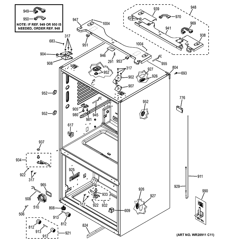CASE PARTS Diagram and Parts List for PYE23PSDASS  General Electric Refrigerator