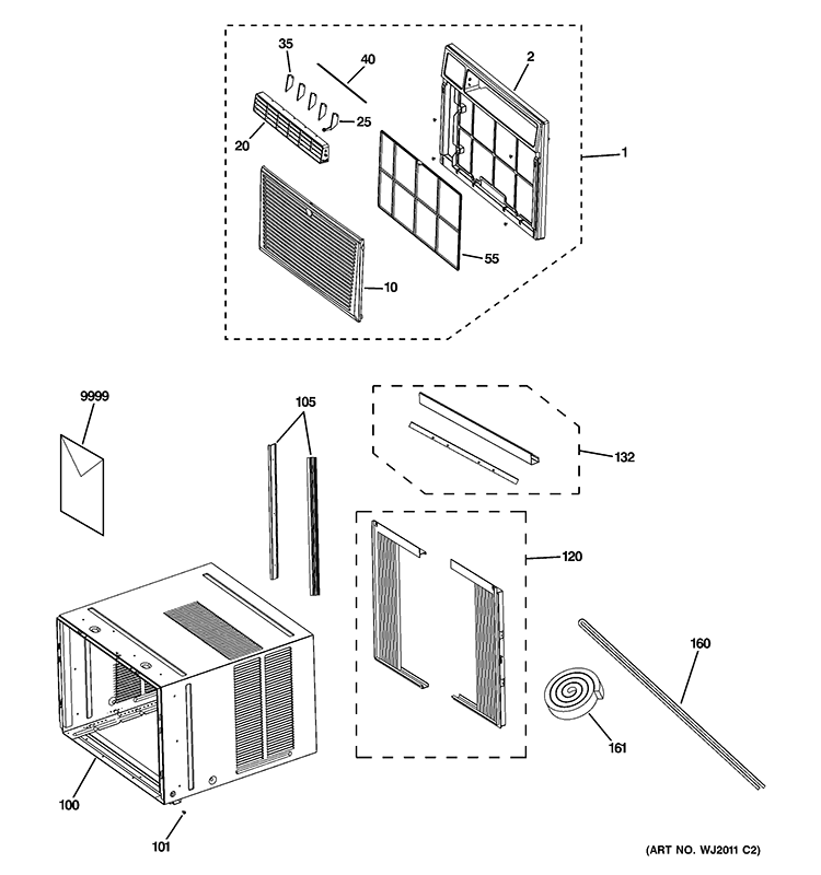 GRILLE & CHASSIS PARTS Diagram and Parts List for AEQ08APH1  General Electric Air Conditioner