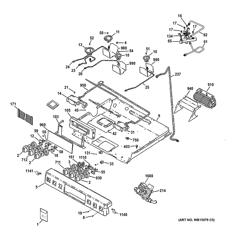 CONTROL PANEL, GAS & BURNER PARTS Diagram and Parts List for C2S985SET3SS  General Electric Range