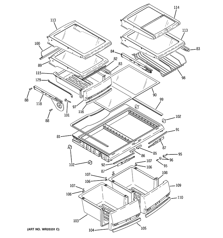 FRESH FOOD SHELVES Diagram and Parts List for PFSF0MFCA BB  General Electric Refrigerator
