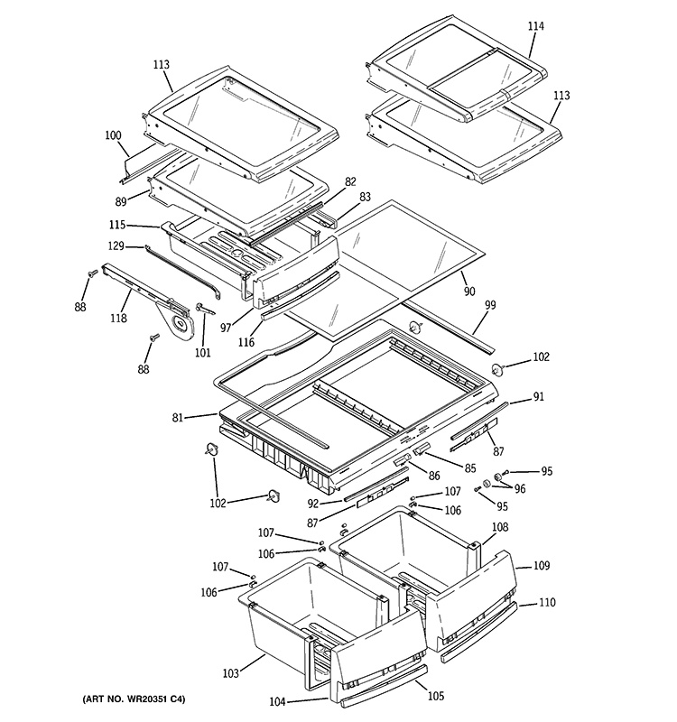 FRESH FOOD SHELVES Diagram and Parts List for PFSS0MFCA SS  General Electric Refrigerator