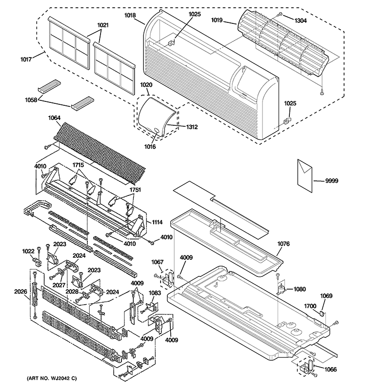 GRILLE, HEATER & BASE PAN PARTS Diagram and Parts List for AZ41E12DACW1  General Electric Air Conditioner