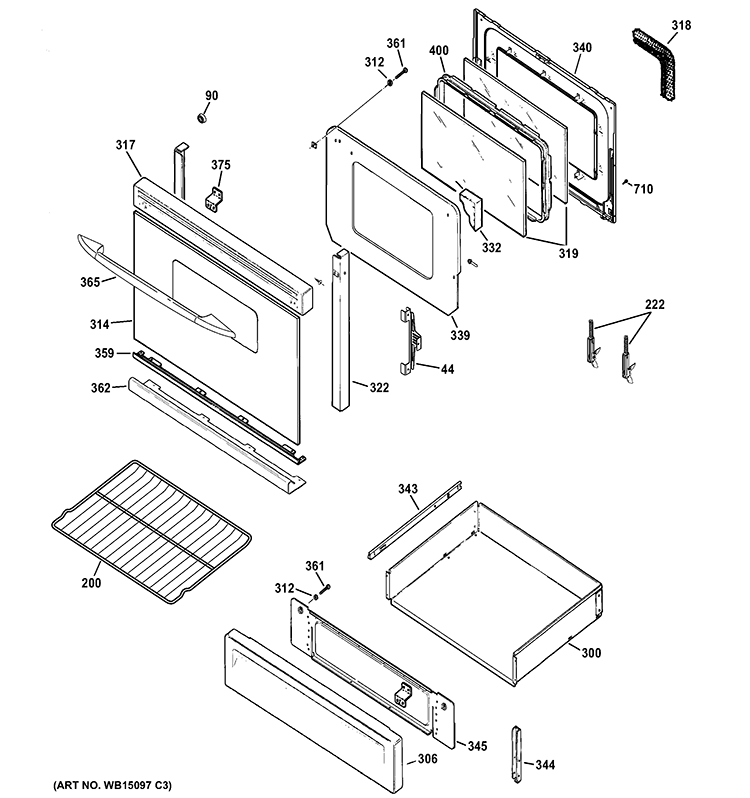 DOOR & DRAWER PARTS Diagram and Parts List for PGB900DET3BB  General Electric Range