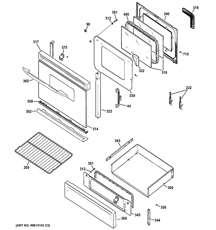 DOOR & DRAWER PARTS Diagram and Parts List for PGB910DET3CC  General Electric Range